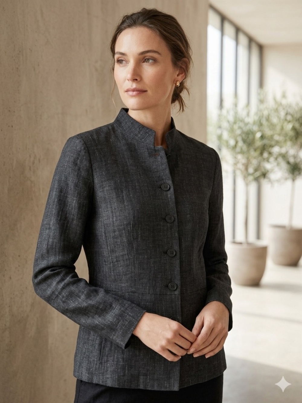Eileen Fisher Petite Charcoal Mandarin Collar Blazer Jacket Minimalist XSP